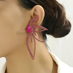 Flower Angel Wing Earrings For Women Elegant Shiny Inlaid Rhinestone Banquet Party Ear Stud Ornaments Luxury Jewelry Accessories