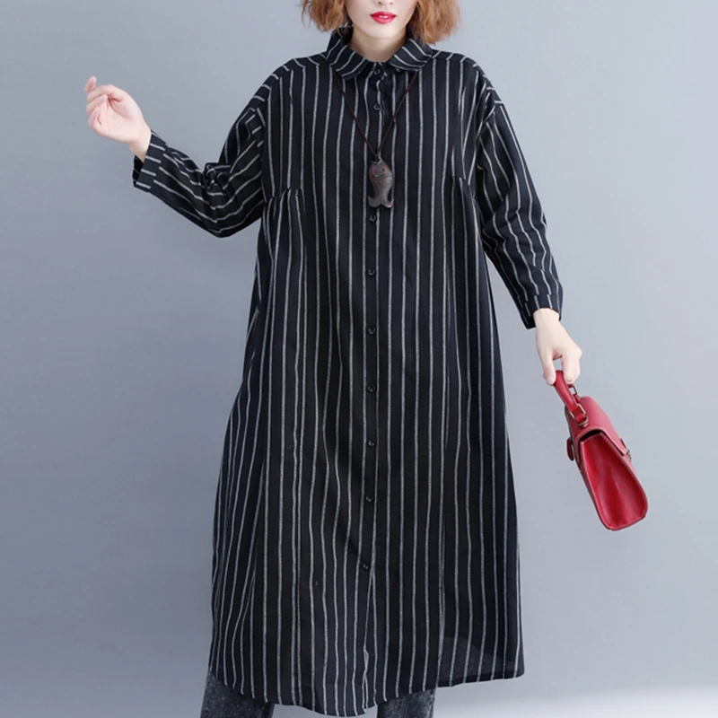 Wiosenno-letni, luźny kardigan damski plus size z bawełny i lnu w paski, z kołnierzykiem, o kroju litery A, rozpinany, swobodny, uniwersalny top.