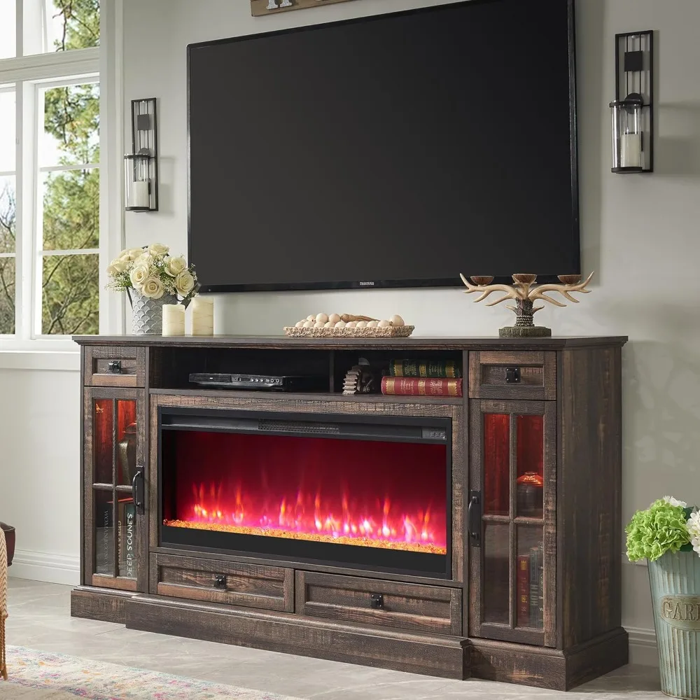 Fireplace TV Stand for 80 Inch TV, Farmhouse Entertainment Center with 42