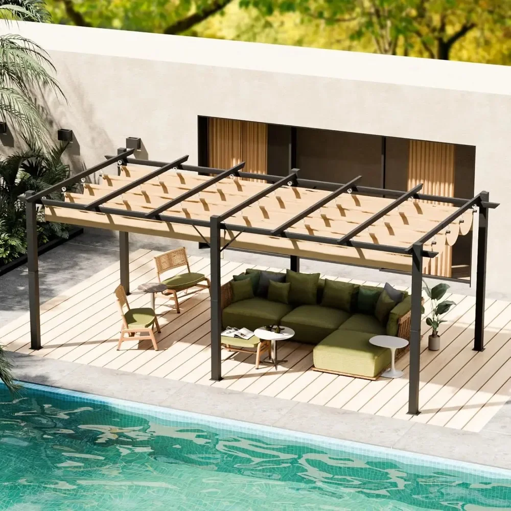 10 x 18 FT Outdoor Pergola, Retractable Aluminum Pergola Patio, Pergola with Retractable Sun Shade Canopy for Gardens