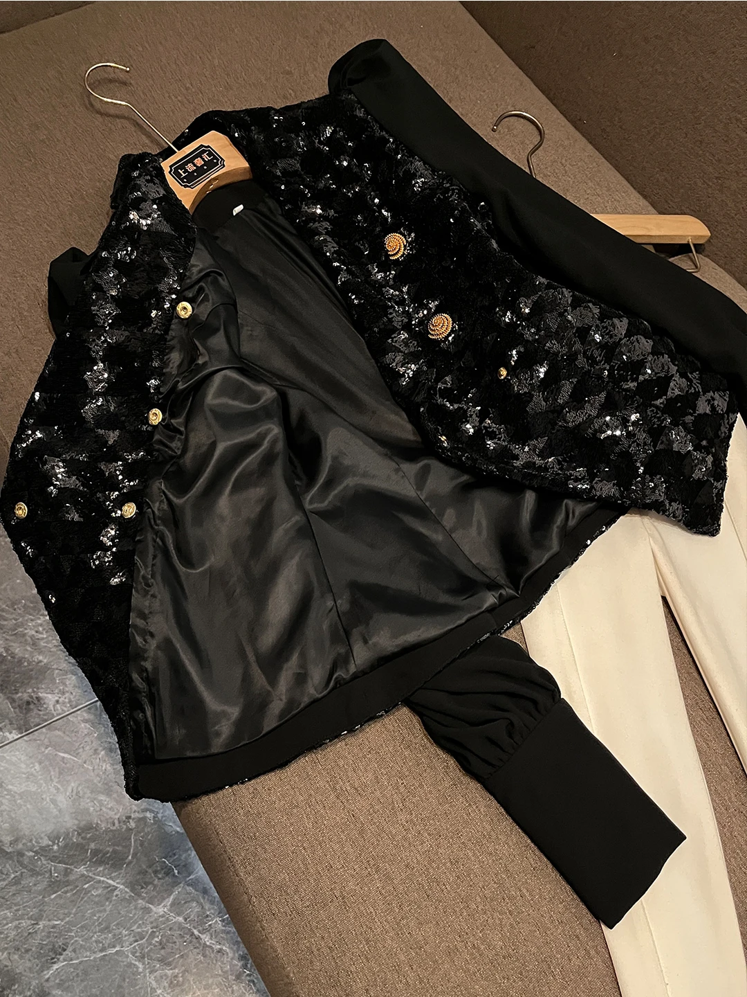 الرجعية Sle الترتر ort Jaet Bla الربط فقاعة Sve صف مزدوج الذهب زر المرأة Busin دعوى ملابس خارجية