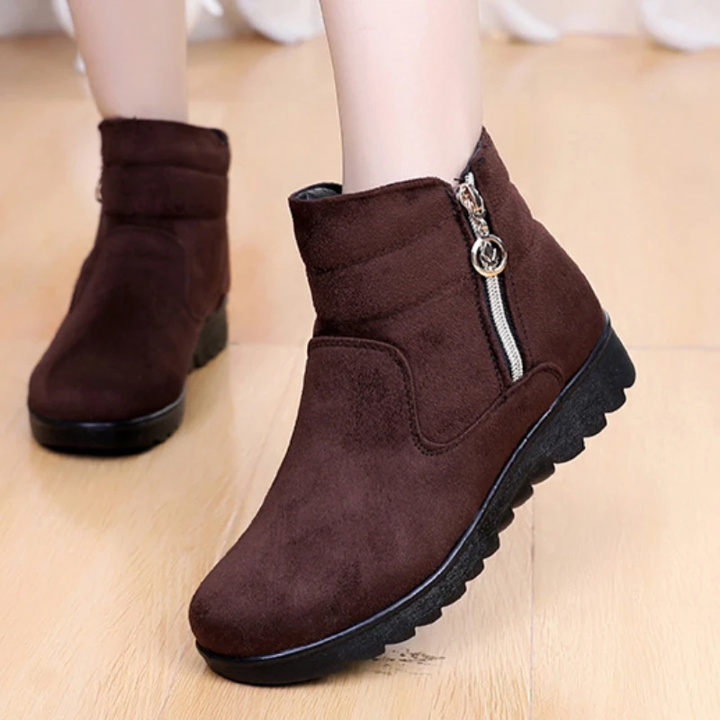 Women Side Zip Snow Boots Winter Solid Colour Warm Mother Thickened Cotton Shoes Soft Bottom Non-slip Flats Botas De Nieve