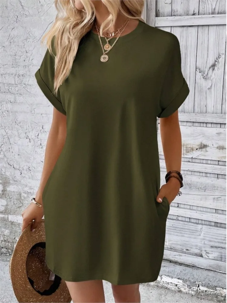 Summer New Fashion Boho Resort Style Pure Colors Beach Dresses For Women O Neck CasualLoose Short Sleeve Pocket Mini Dress