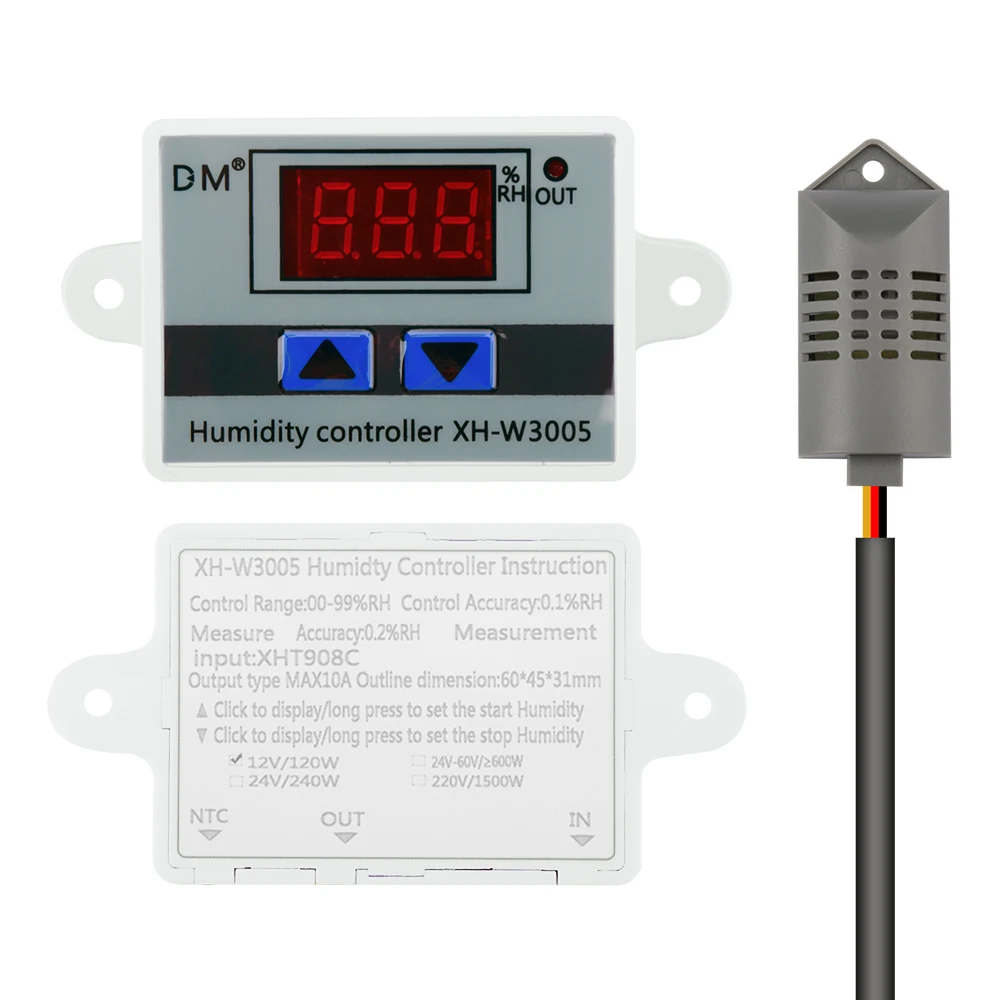 XH-W3005 LED Humidity Controller 12V/120W 24V/240W 220V/1500W Humidity Regulator Humidity Control Switch Humidity Sensor