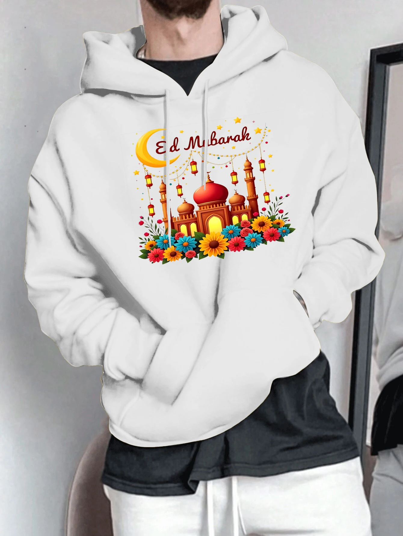 

Осенние универсальные толстовки с принтом фонарей «Ид Мубарак» для мужчин, спортивные худи для бега, свободные повседневные костюмы, удобная одежда для поездок на работу