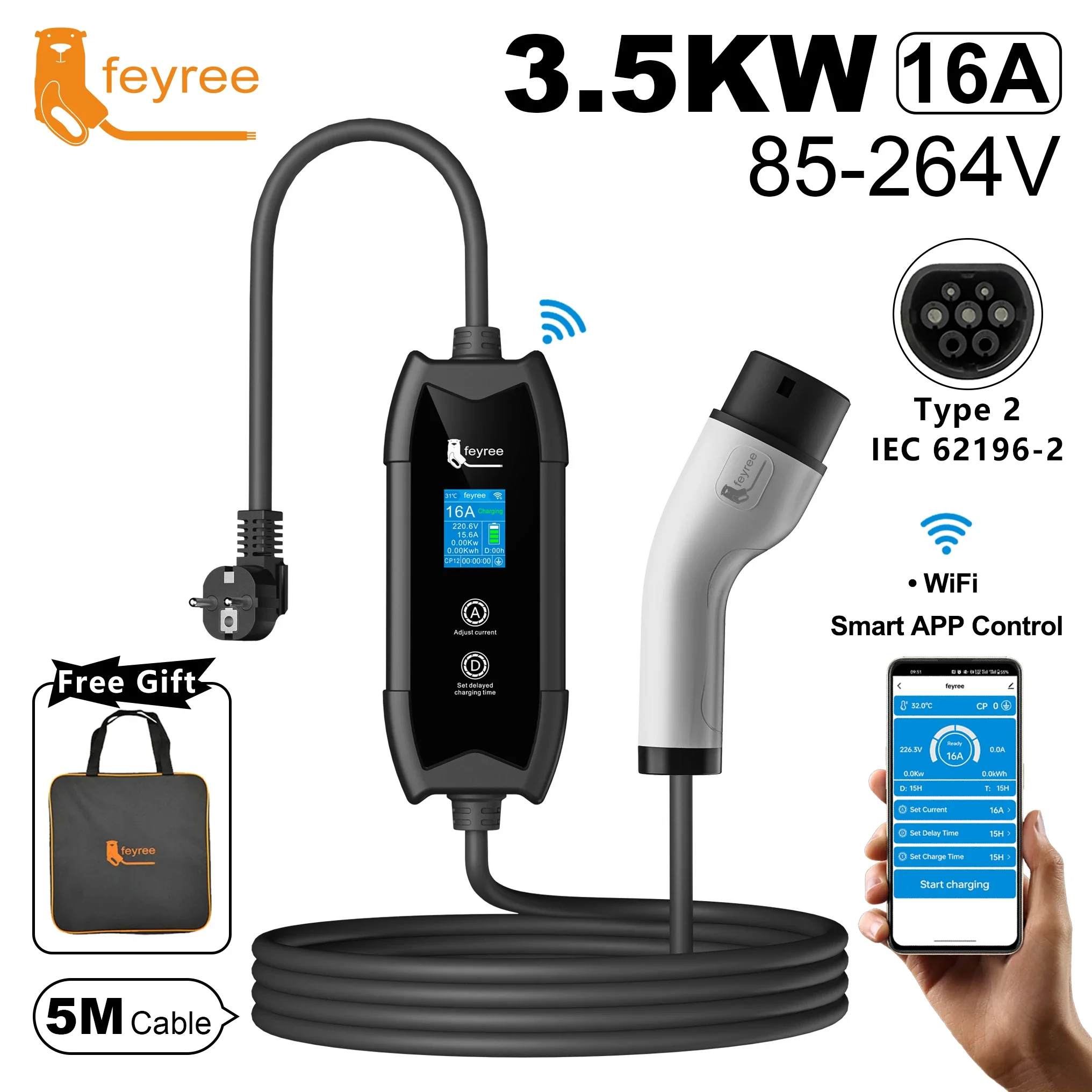 feyree Type2 Portable EV Charger 5m Cable with WIFI APP Control 16A 3.5KW Set Charging&DelayTime for EV Cars,Plug customizable