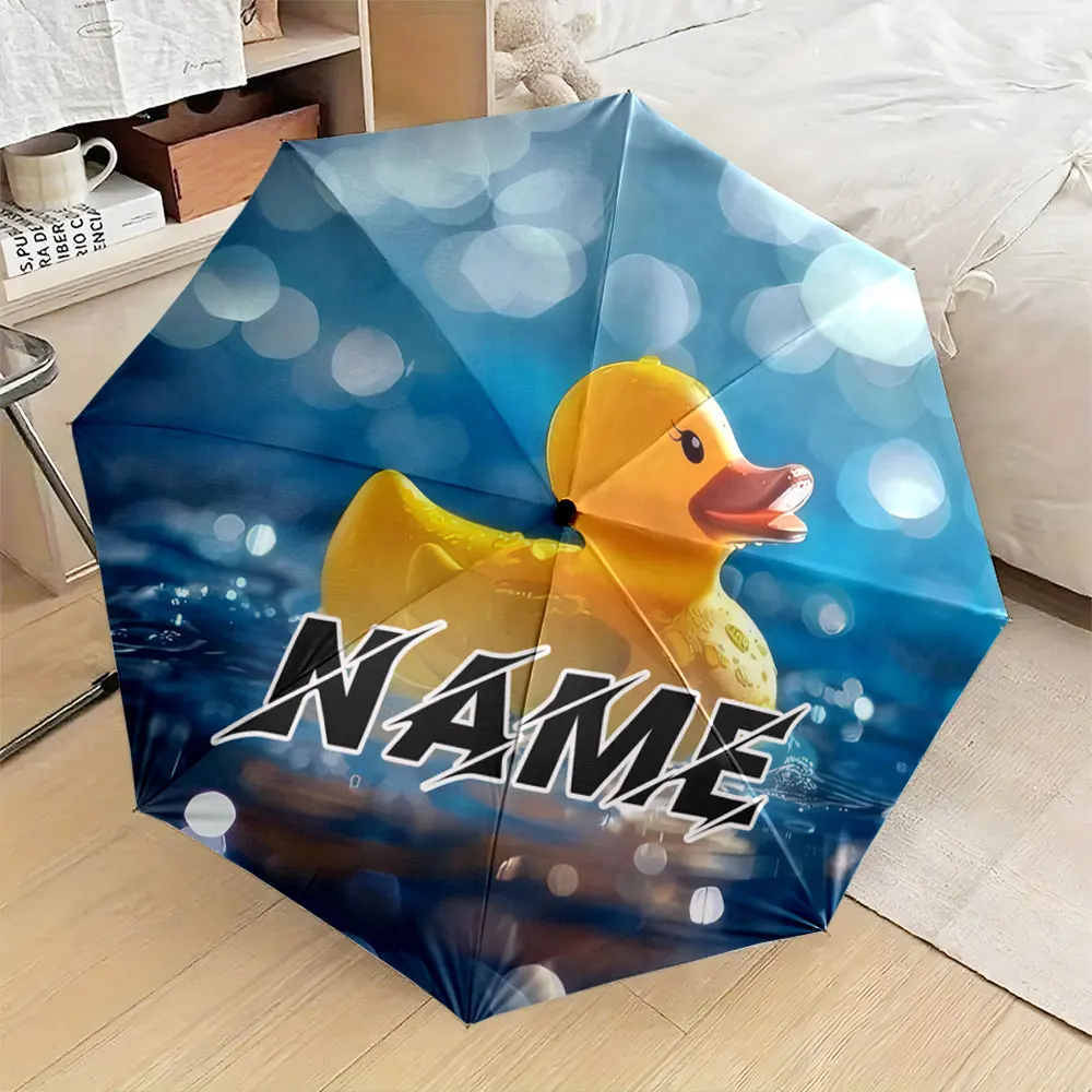 Custom Name Umbrella,Yellow Rubber Duck with Blue Water Background Pattern Umbrella
