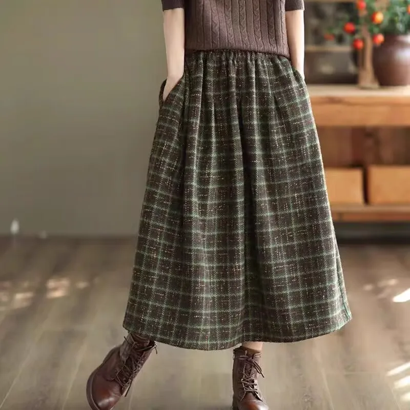 Women Autumn Winter New Vintage Woolen Plaid Middle Length Skirts French Style High Waist Pockets Elegant A-line Skirt