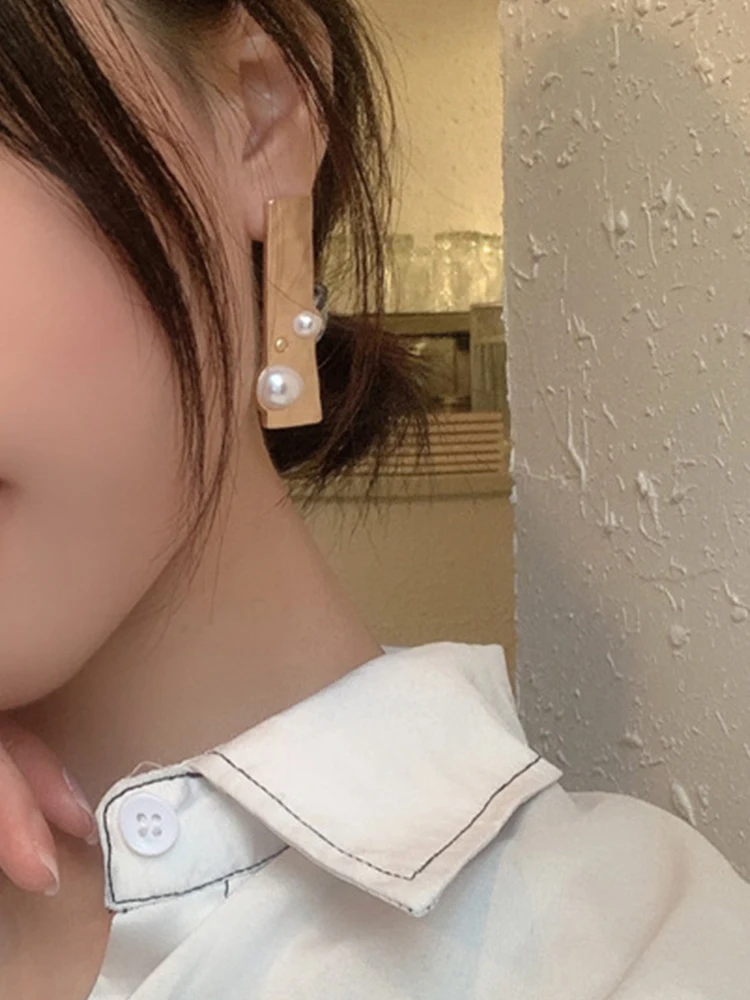 Hammered Metal Pearl Earrings For Women Post Drop Studs Geometric Fashion Jewelry Trendy New Styles Design Items Girl Gift C1124