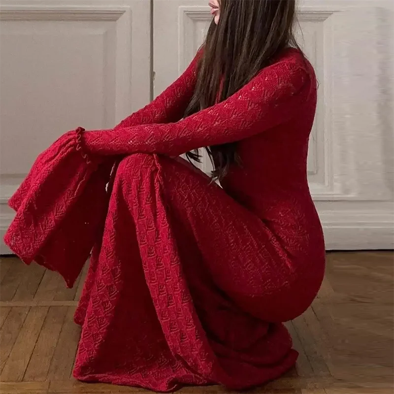 Womens Fashion Solid Color Hollow Out Knitted Dress Autumn Flare Long Sleeve Slim Bodycon Dress Winter Stretchy Cover Boho Dress
