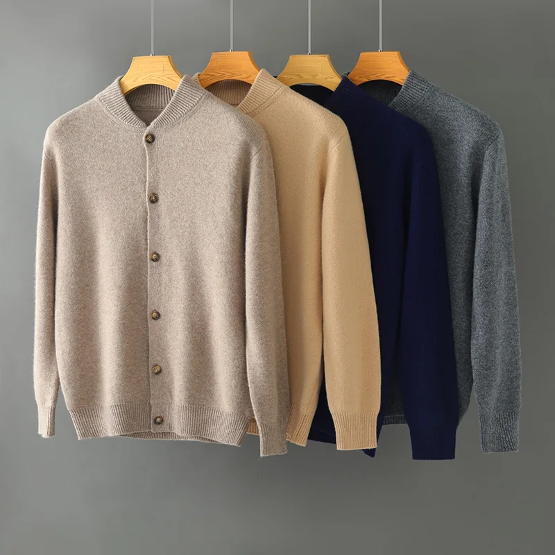 2025 Classic Men Knitted Baseball Collar Cardigan 100% Pure Wool Sweater Single-breasted High quality Thick Warmth Leisure Tops