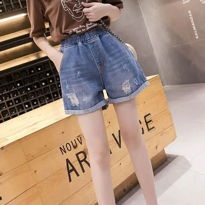 Large Size Broken Hole Cowboy Shorts Women Thin Section Wide Loose Tight High Waist Skinny A Word Wide Leg Fattening Hollowing