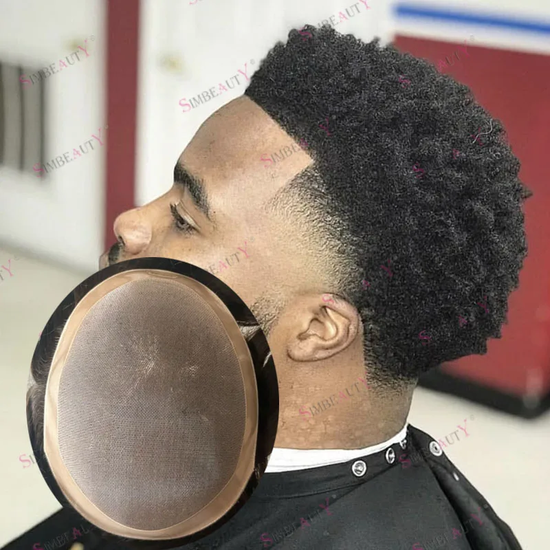 Breathale Fine Mono Base Мужские парики из натуральных волос Супер прочный афро-черный человек 6 мм Плотные странные прямые шиньоны Протез