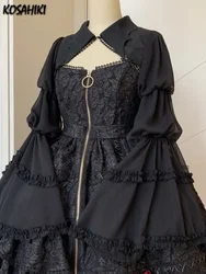 Gothic Lolita Cardigan Blouse Women Loose Puff Sleeve Lace Patchwork Black Cropped Shirts Japanese Harajuku All Match Capes Top