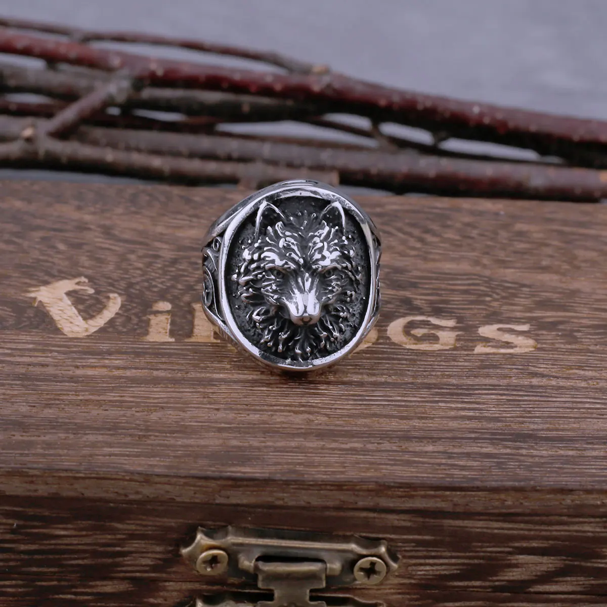 316L Stainless Steel Viking Never Fade Wolf Head Ring Ring Men's Hip Hop Vintage Ring Viking Wolf Jewelry with Wooden Box