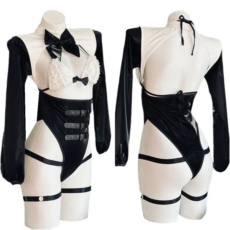 Anime Sexy Maid Girl Bow Hollow Uniform Cosplay Costume Bra Belt Dark Underwear Set Roleplay Outfit See Through Nightwear