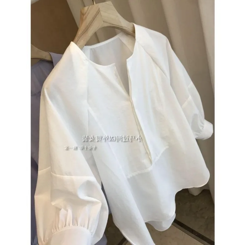 

Женский однотонный пуловер, простой стиль, свободная рубашка с круглым вырезом и рукавами-фонариками, топ