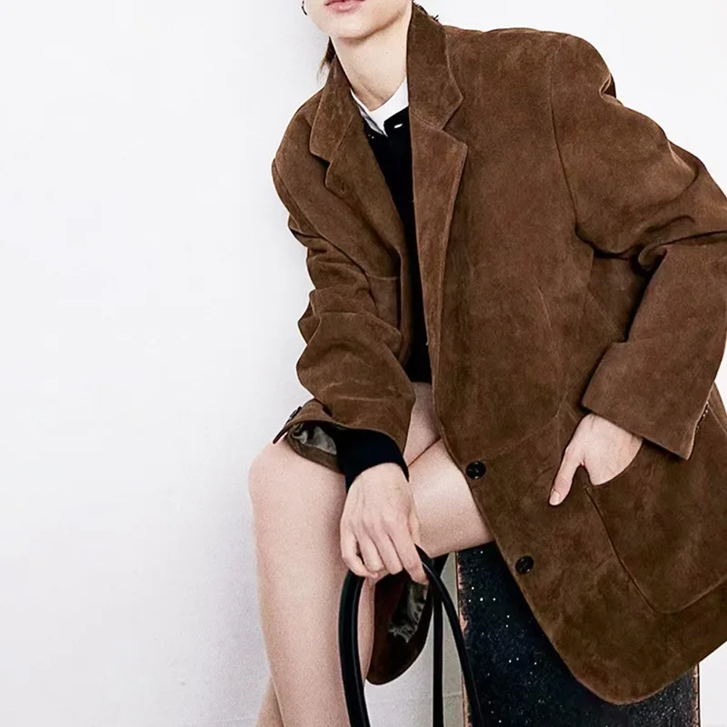 High-End Brown Women Suede Coat Real Leather Outwear Button Outfit Spring Autumn Women Fashion Short Thin Female Jacket