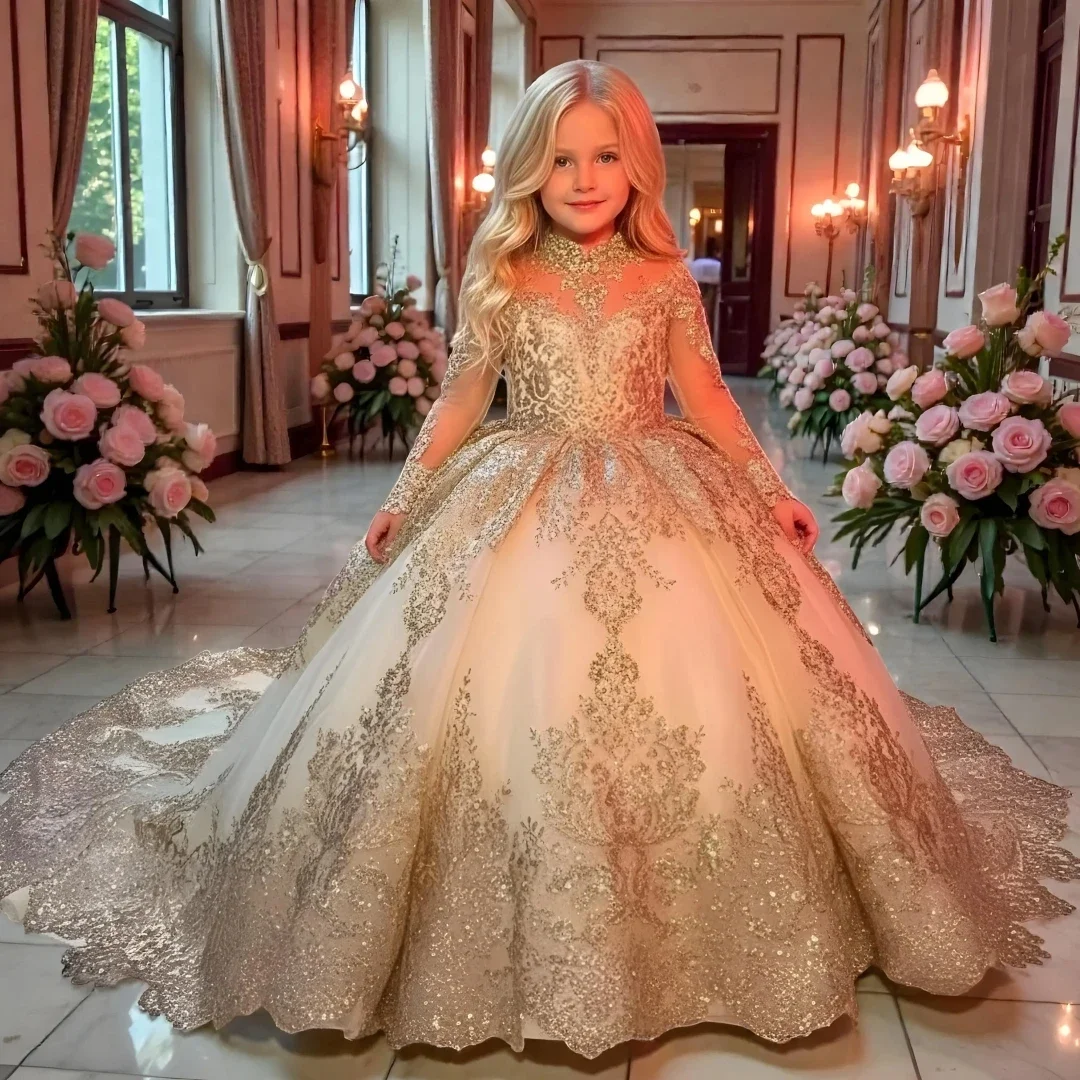 

Customized Gold Flower Girl Dress Floral Appliques Long Sleeve For Wedding Birthday Prom Party Evening Banquet Princess Gown