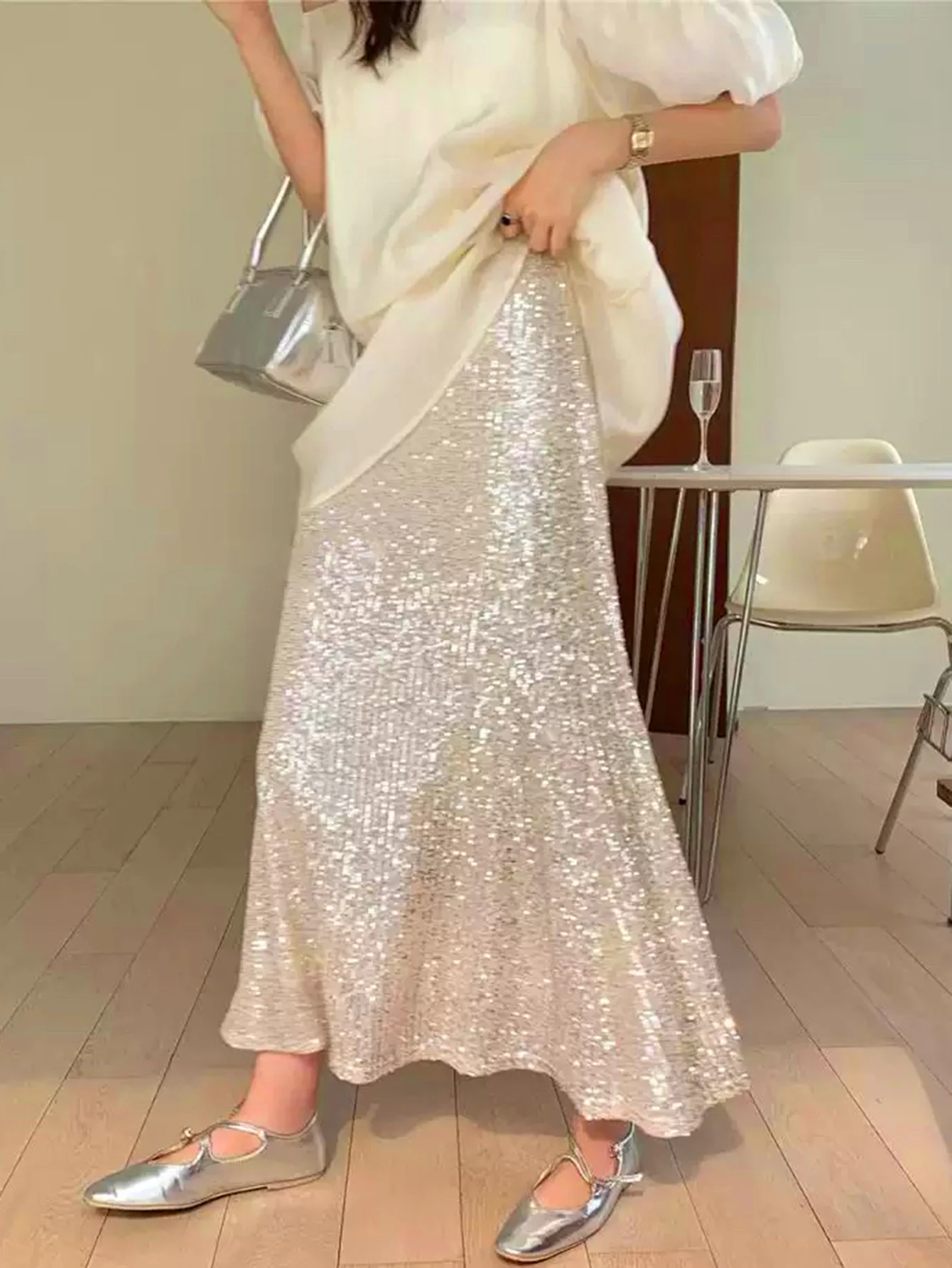 Shiny Sequin Fish Tail Skirt Women's High Waist Mid-Length Slimming A-Line Wraparound Skirt Elegant Trendy Half Body Skirt