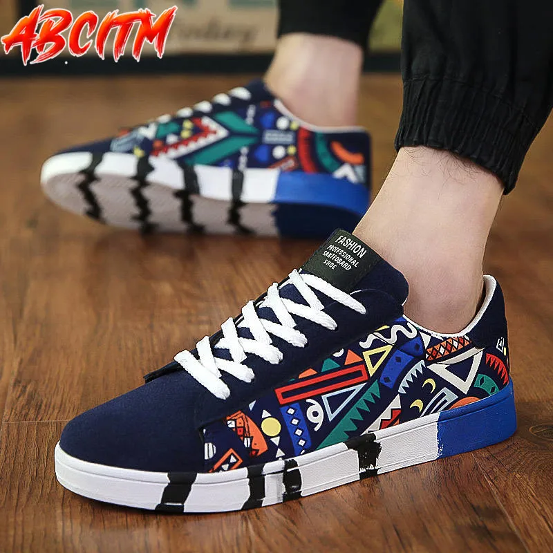 Platform Men\'s Casual Sneaker Fashion Low Top Spring Sneakers for Men Graffiti Canvas Shoes Lace Up Air Mesh Mens Tennis 2021 X4