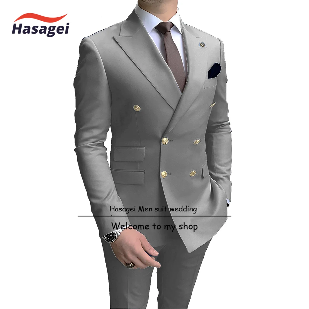 Navy Men Party Tuxedos 2 Pieces Latest Peak Lapel Men Suits Gold Buttons Fashion Style Suits Double Breasted