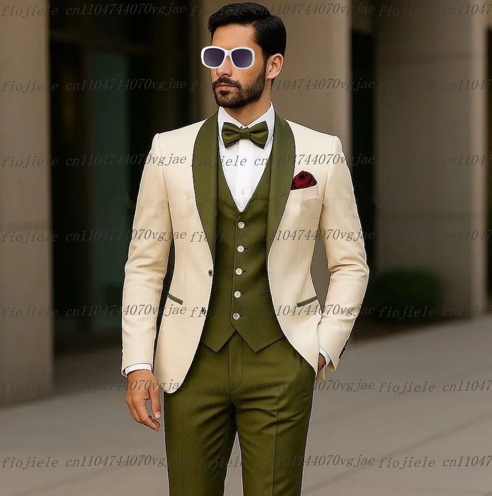 

New Army Green And Ivory Men Suit Formal Wedding Party Groom Business Male Tuxedos Customized 3 Piece Set Jacket Vest Pants