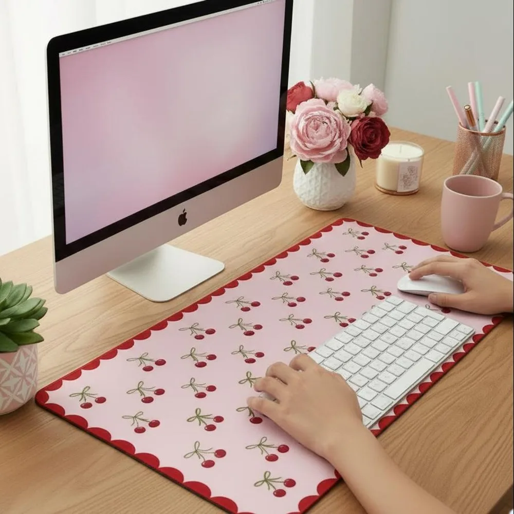Cherry Pattern Desk Mat, Fabric desk pad. Large Non-Slip Mousepad doubles as keyboard mat. Accessories. UK Artist Pad