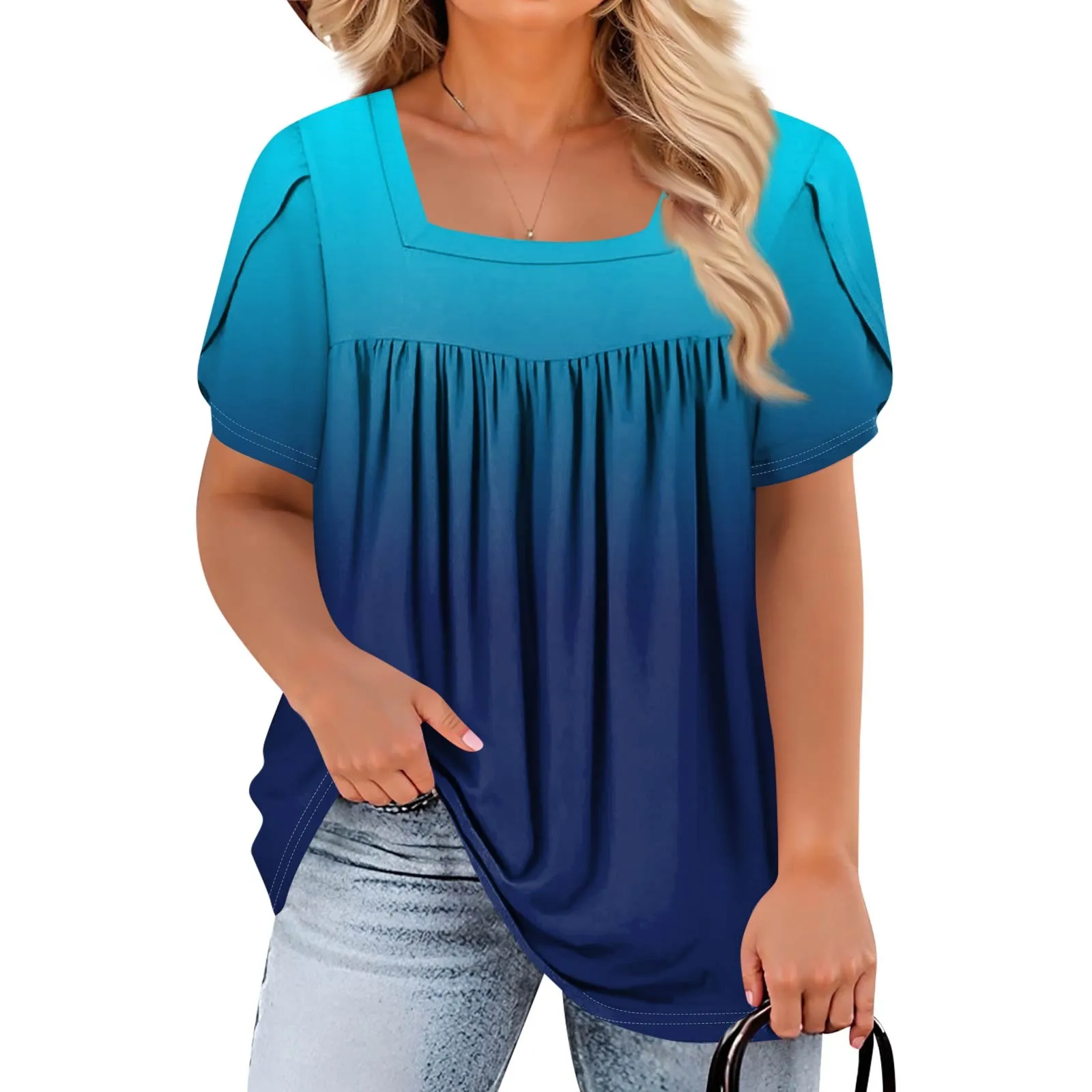 

Женская футболка больших размеров с градиентным принтом в стиле ретро, топы с квадратным вырезом и короткими рукавами, топ большого размера, летняя модная повседневная женская блузка