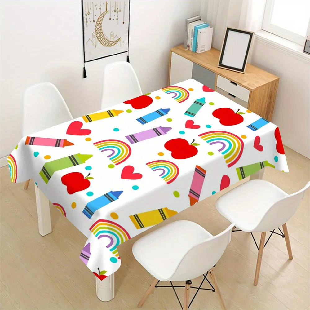 Colorful School Bus & Rainbow Polyester Tablecloth - Thick, Rectangular Design for Home, Restaurants, Cafes, Outdoor Dining
