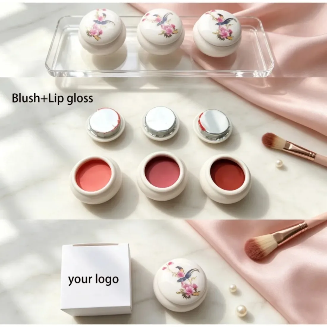 Chinese Style Porcelain Ceramic Jar Cream Blush Lip Cheek 2 in 1 Vegan Cruelty Free Private Label Custom Logo Wholesale Makeup