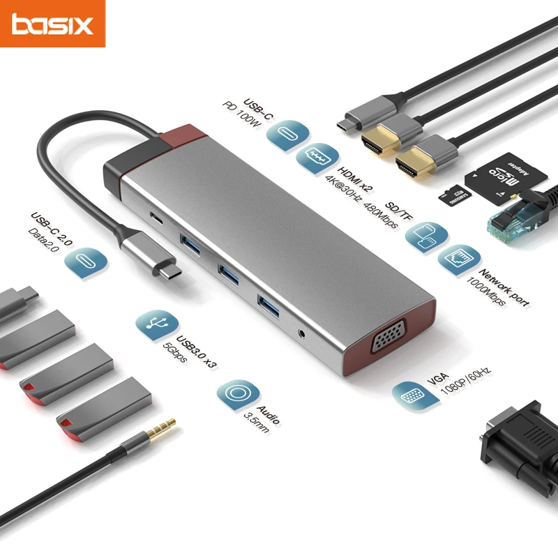 

Концентратор USB c типа C на двойной HDMI-совместимый адаптер RJ45 VGA Конвертер PD 100 Вт USB 3.0 C Hub для Macbook pro M1 M2 USB-концентратор