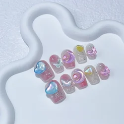 10Pcs Colorful Short Fake Nails Powder Blush False Nails with 3D Moon Butterfly Heart Design Cute Full Cover Nail Tips Press on