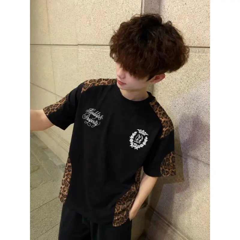 deconstruction splicing leopard print short-sleeved T-shirt for men and women couples summer new versatile heavy top