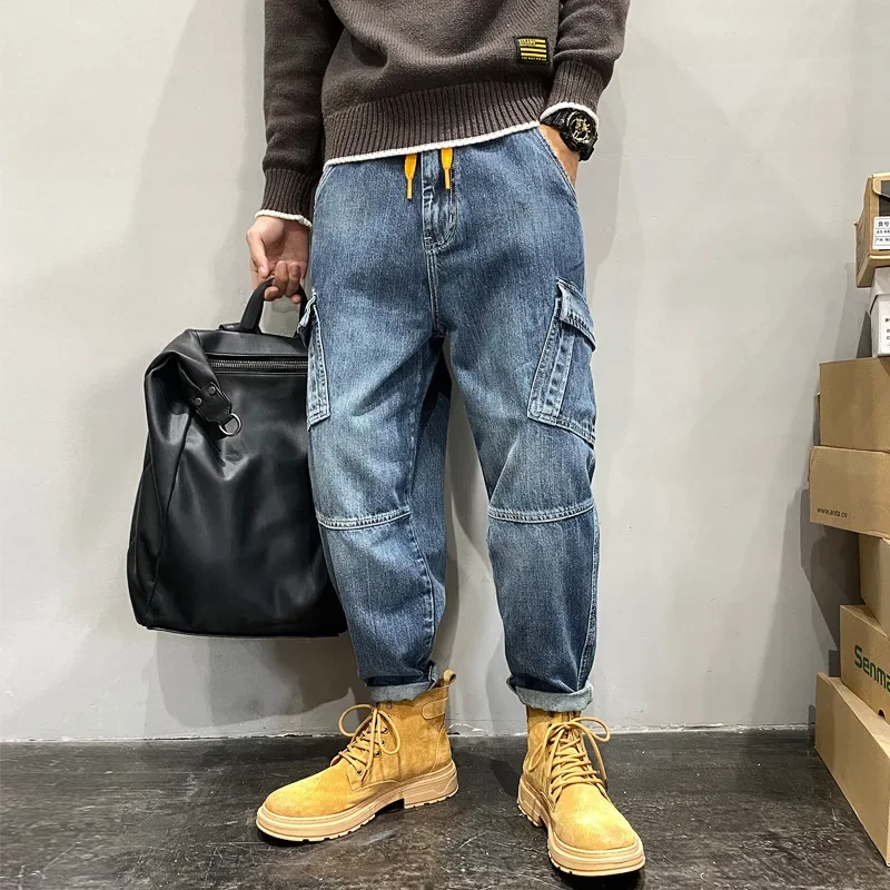 Autumn Winter New Fashion American Men's Casual Trendy Vintage Washed Blue Wide Leg Loose Multi Pocket Cargo Denim Trousers Male