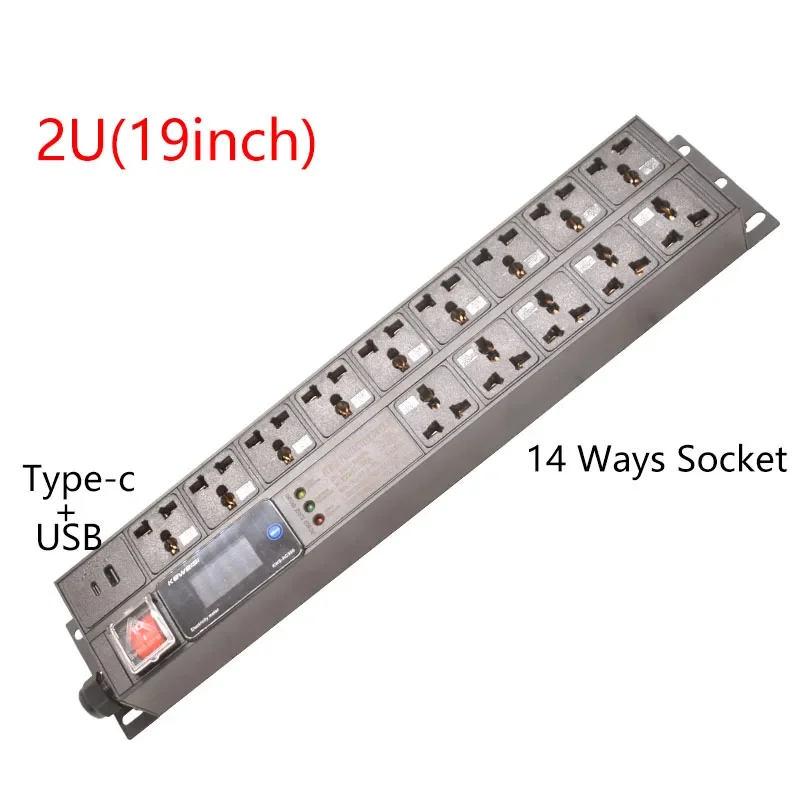 PDU Power Strip 2U Cabinet Mount Voltmeter Ammeter Power Energy Meter 14 Ways Socket Type-C+USB surge and overload protector