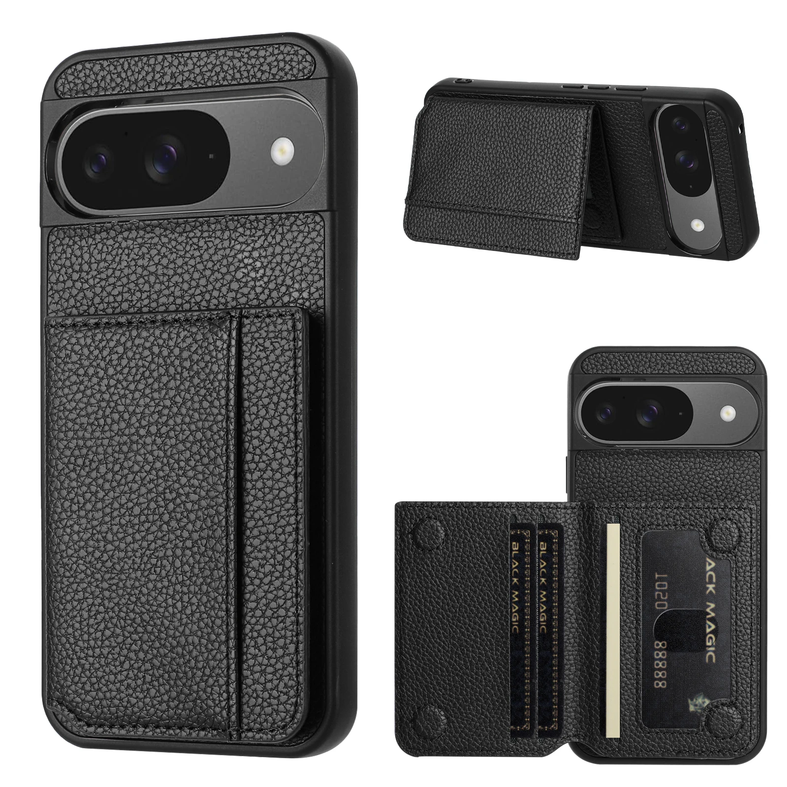 

Shockproof Litchi Leather Card Holder Wallet Phone Case For Google Pixel 9 Pro 10 Pro XL 9A, Matte Kickstand Protective Cover