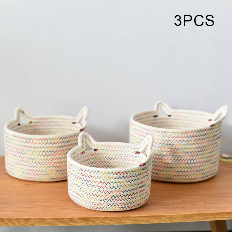 Cotton Rope Hand-woven Storage Basket With Cat Ear Shape Handles Lovely & Practical Home Supply Key Snacks Organizer