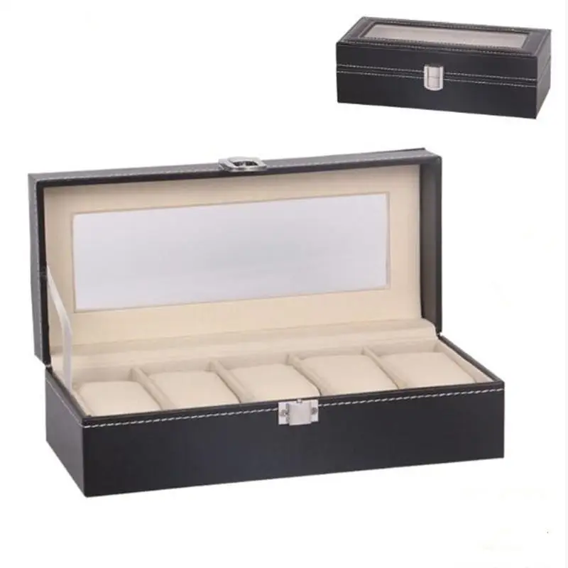 6 Slots Leather Watch Storage Box Organizer New Mechanical Mens Watch Display Holder Cases Black Jewelry Gift Boxes Items