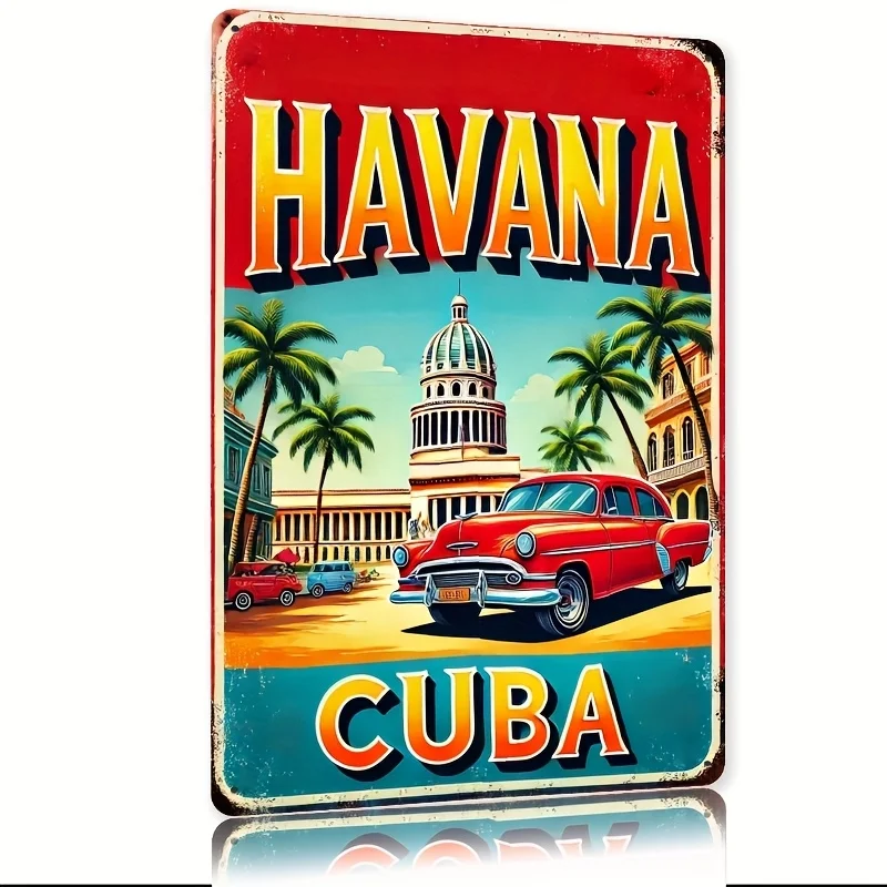 2D Flat, 1pc 1pcs 1pc Retro Cuban Havana Sign - Classic Car & Capitol Wall Decor, Rustic Metal  Wall Hanging