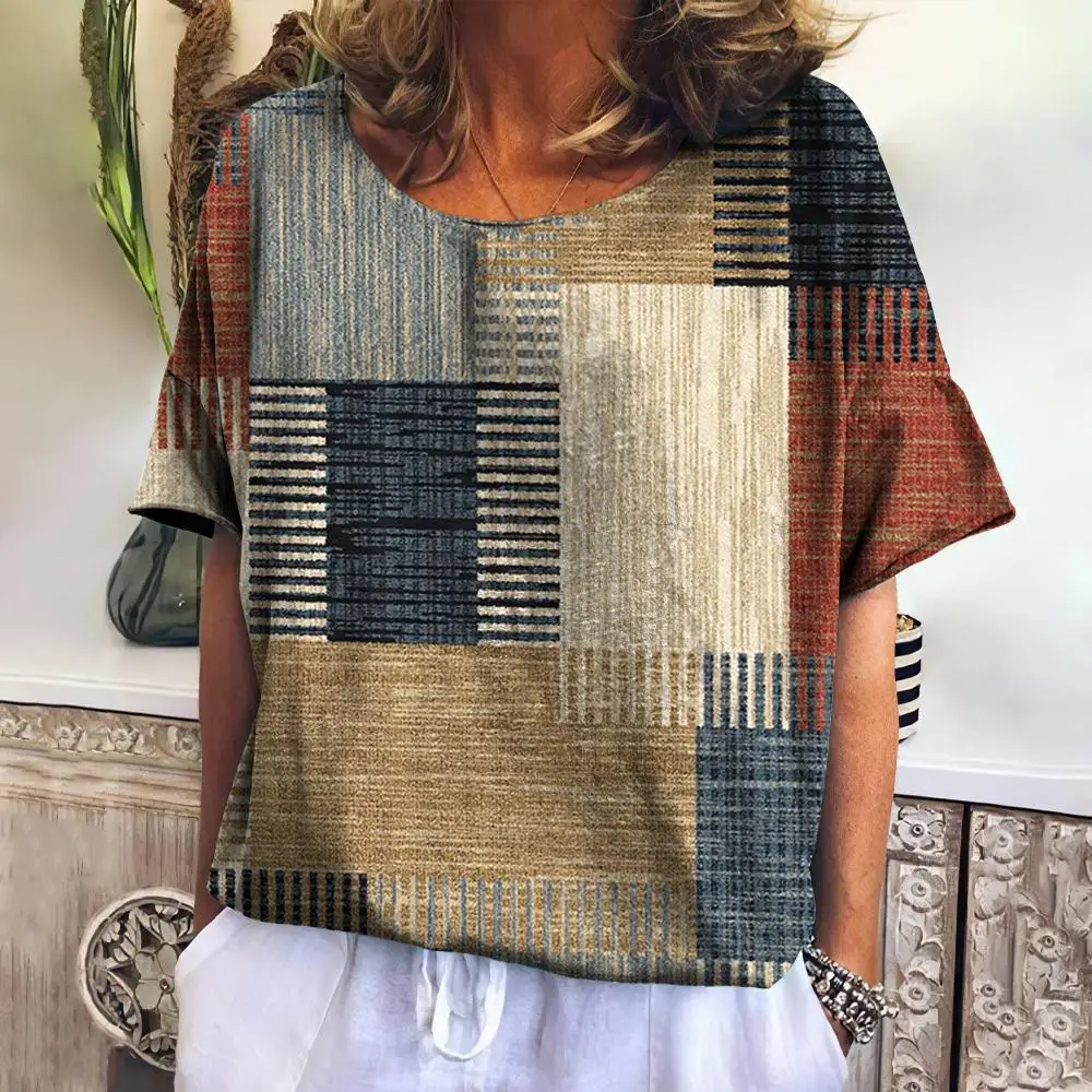 Summer Plaid T Shirt For Women O Neck Casual Sweatshirt New Tees Harajuku Clothing Loose Short Sleeve Blouse Female Fashion Tops image 5