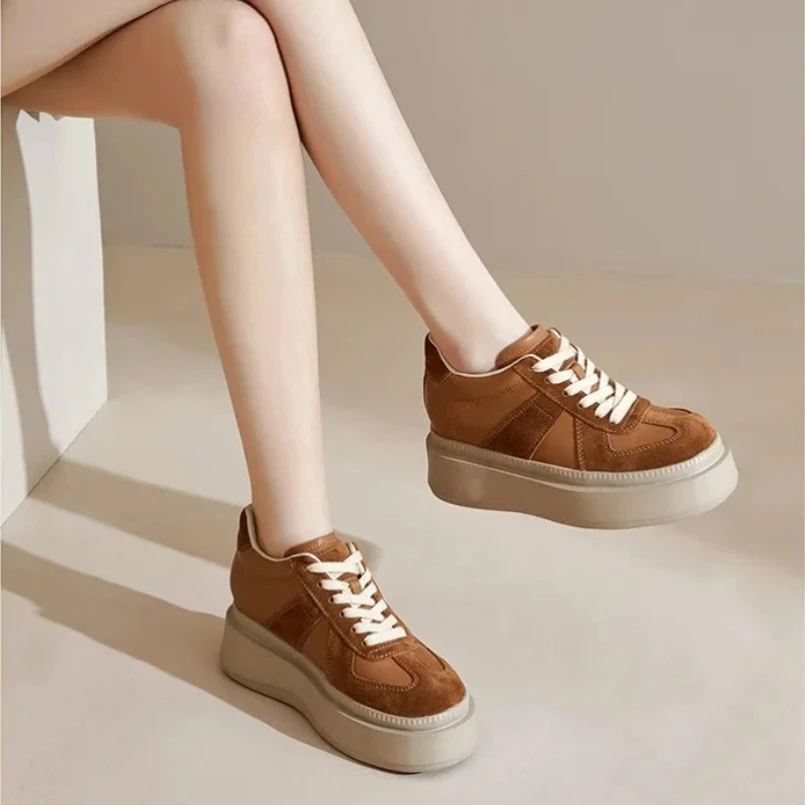 

2025 6 см коровья замша из натуральной кожи на платформе, массивные кроссовки на танкетке, женские весенне-осенние белые летние туфли на скрытом каблуке