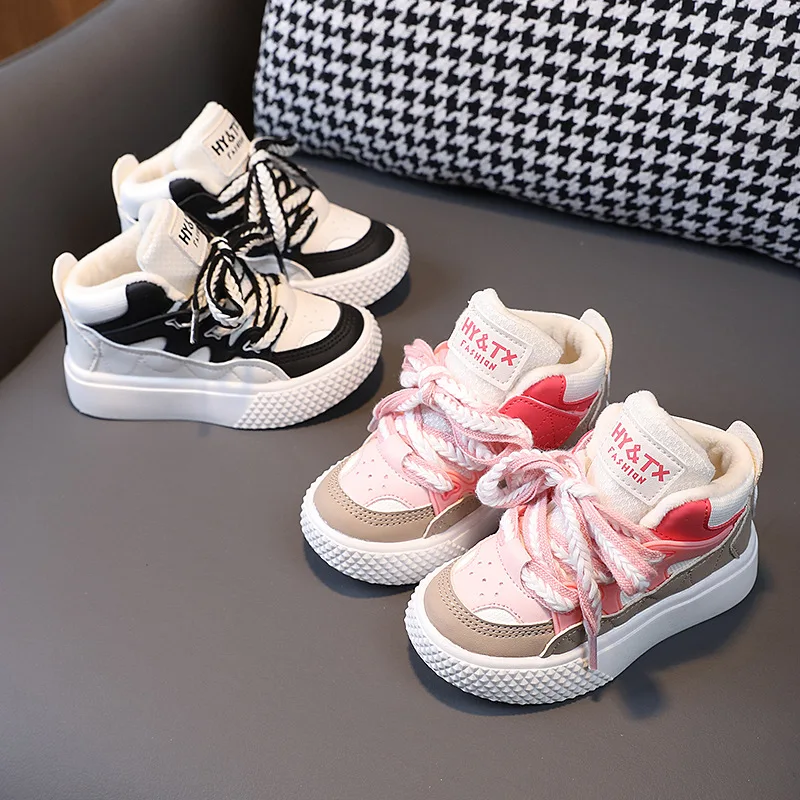 High Top Winter Children Sneakers Boys Shoes Warm Plush Lined Casual Shoes Girl Lace Up Fashion Chunky Sneakers for Kids 23-36