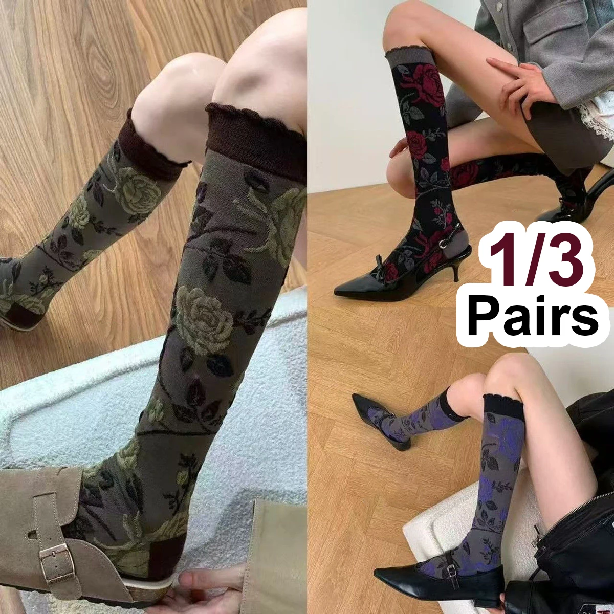 1/3 Paar Damen-Wadensocken im französischen Retro-Stil, modisches Rosendruck-Design, weiche und bequeme All-Season-Freizeitsocken
