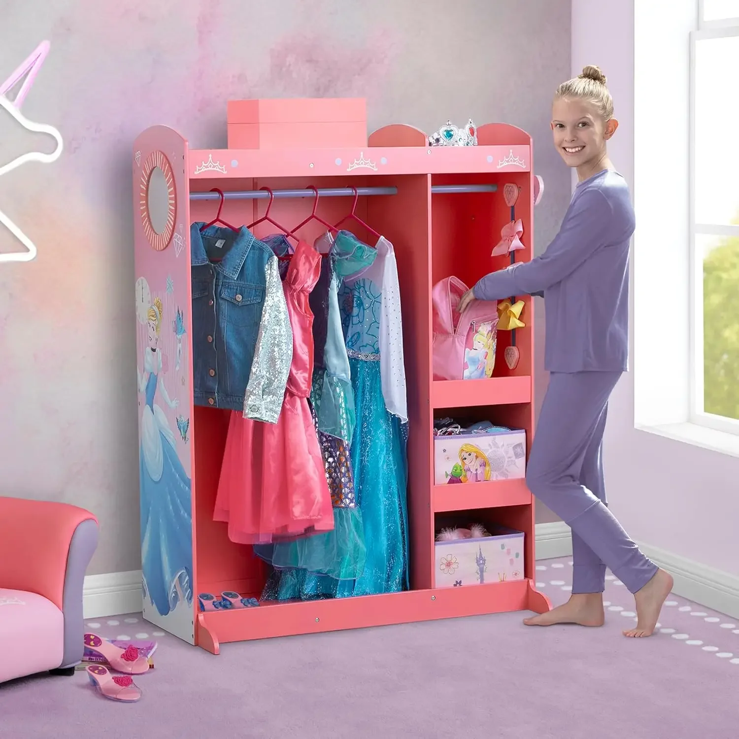 Play Boutique - Pretend Play Costume Storage Closet/Wardrobe for Kids with Mirror & Shelves by Delta Children, Pink