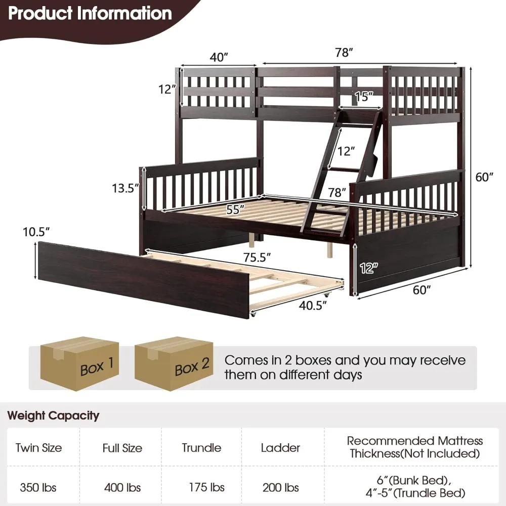 Giantex Twin Over Full Bunk Bed with Trundle, Solid Wood Bunk Bed with Ladder and Guardrails, Convertible to 2 Beds