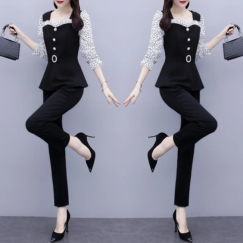 Patchwork Square Collar Women Fashion Pants Sets For Spring Autumn 2023 New Office Lady Elegant 2 Pieces Outfits Pantsuits