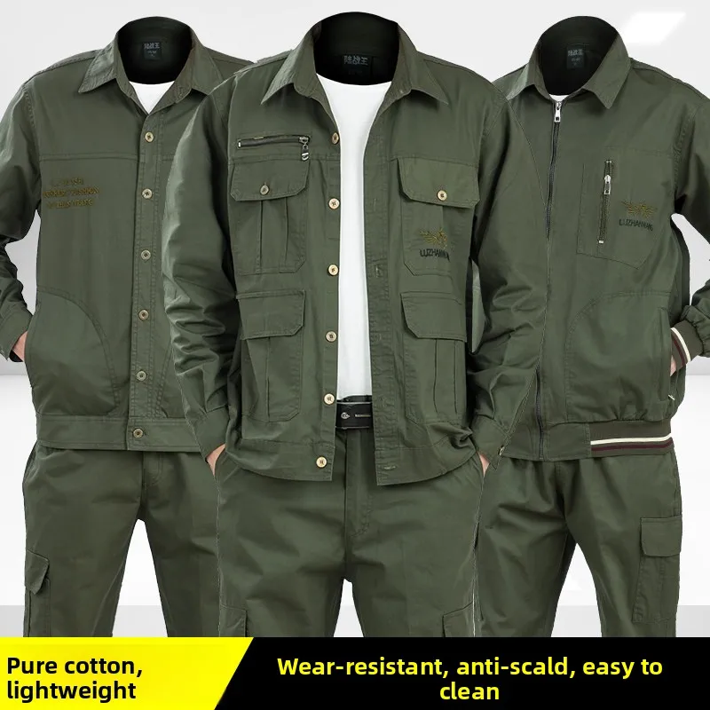 

Pure Cotton Workwear Summer Thin Breathable Sweat Absorbent Wear Resistant Welding Protective Suit Men's Work orm Set