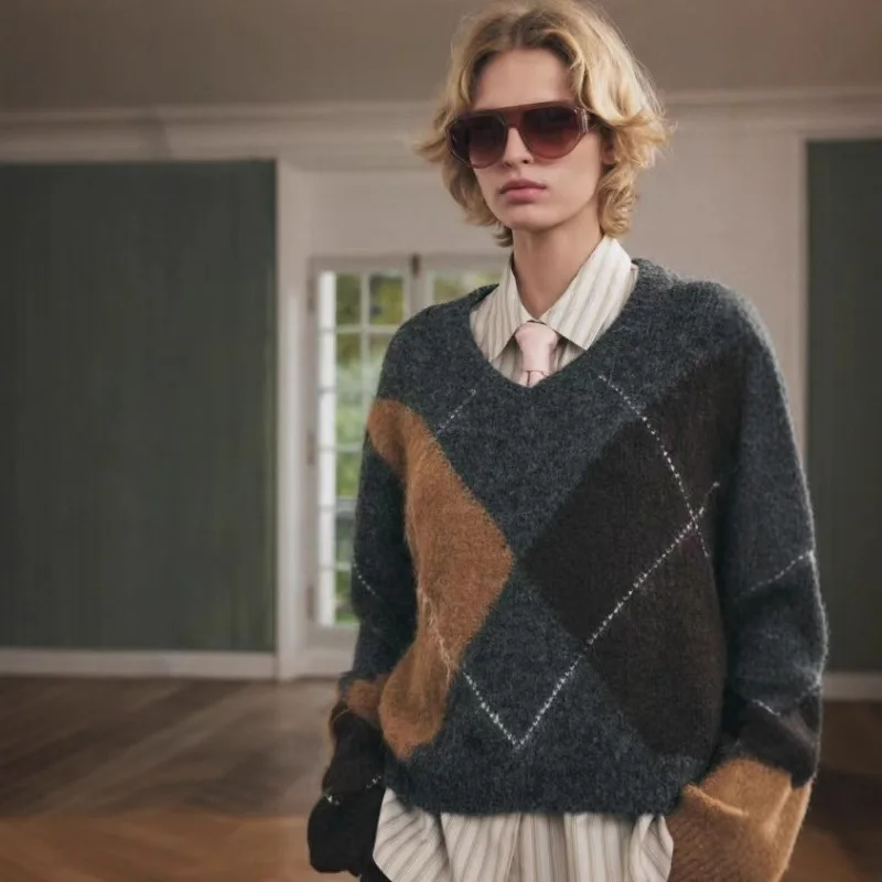 

Весенне-осенний свитер в Европе и Америке, женский пуловер с v-образным вырезом и ромбовидным узором, свободный жаккардовый трикотаж для отдыха