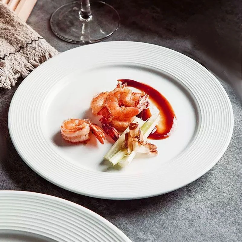Simple White Ceramic Plate Threaded Household Western Food Plates Steak Salad Snack Cake Plates Tableware Restaurant Supplies